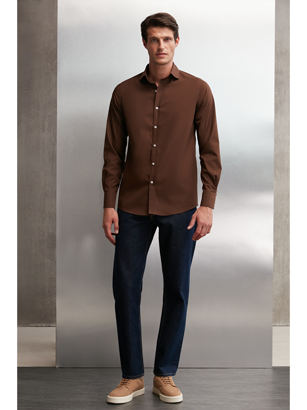 Kahverengi Erkek Slim Fit İtalyan Yaka %100 Pamuk Poplin Acı Kahve Gömlek-1