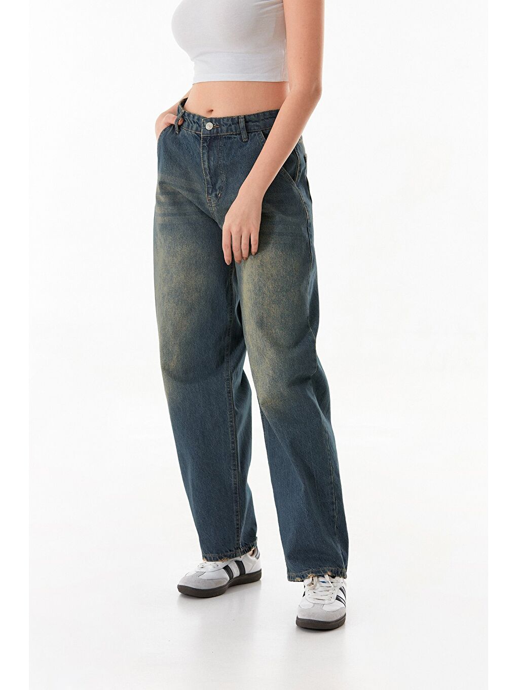 Lacivert Yüksek Bel Düğmeli Skater Jean-1