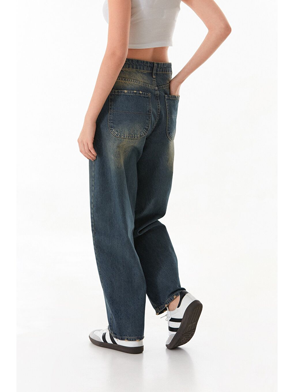 Lacivert Yüksek Bel Düğmeli Skater Jean-2