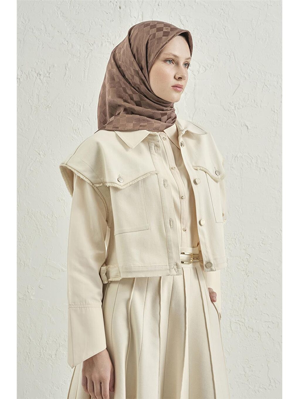 Kahverengi Elegance İpek Pamuk Dama Eşarp 11-1