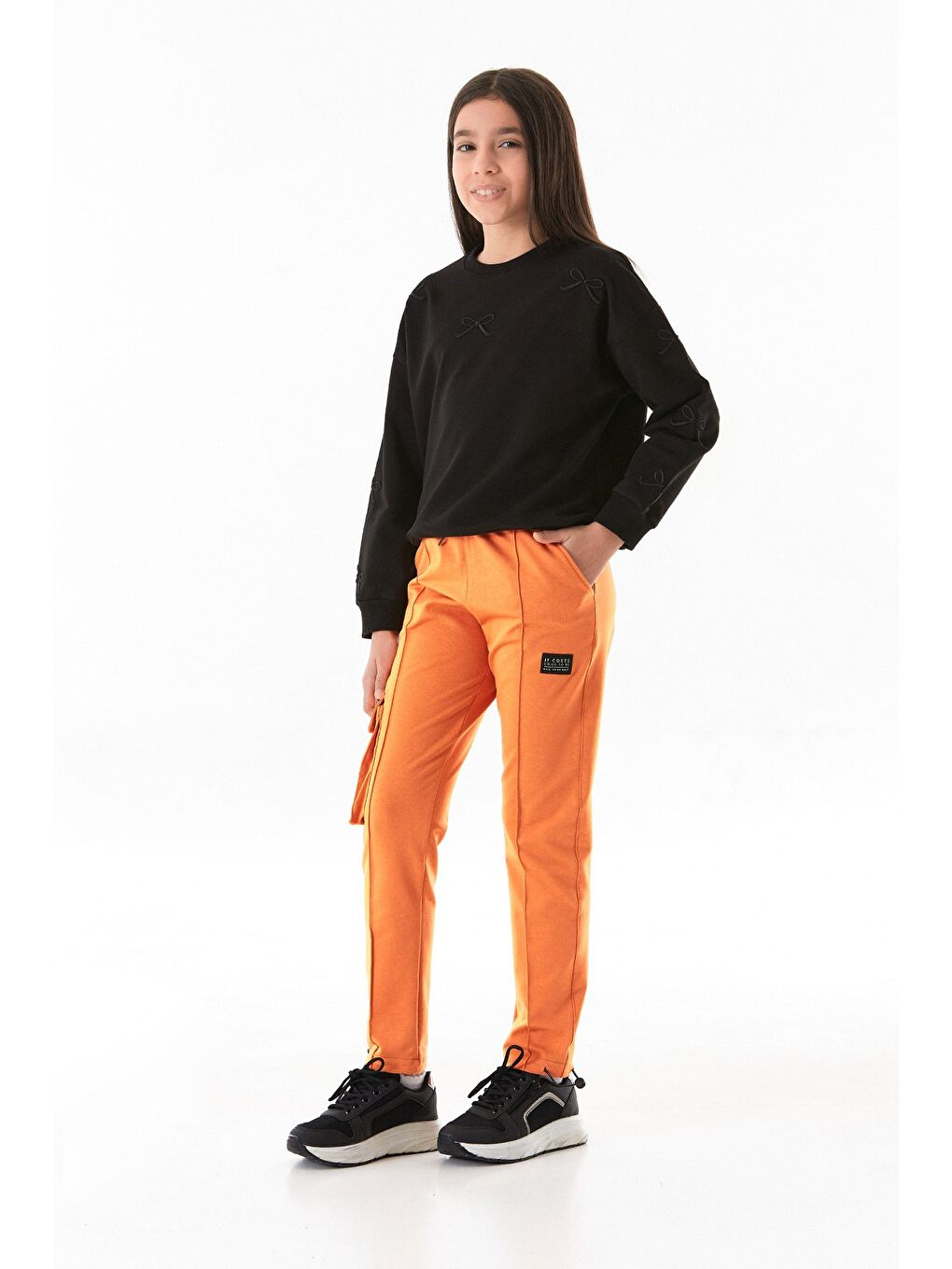 Turuncu Beli Lastikli Paçası Stoperli Kargo Cepli Kız Çocuk Eşofman Altı-1