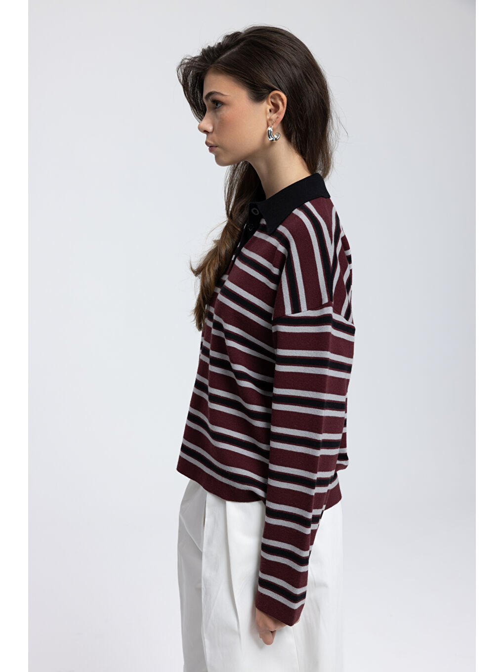 Moss Çizgili Bordo Polo Yaka Triko Kazak-3