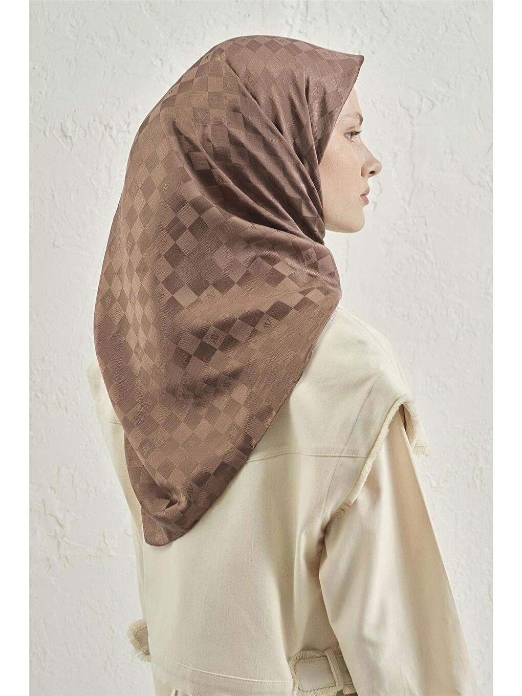 Kahverengi Elegance İpek Pamuk Dama Eşarp 11-3