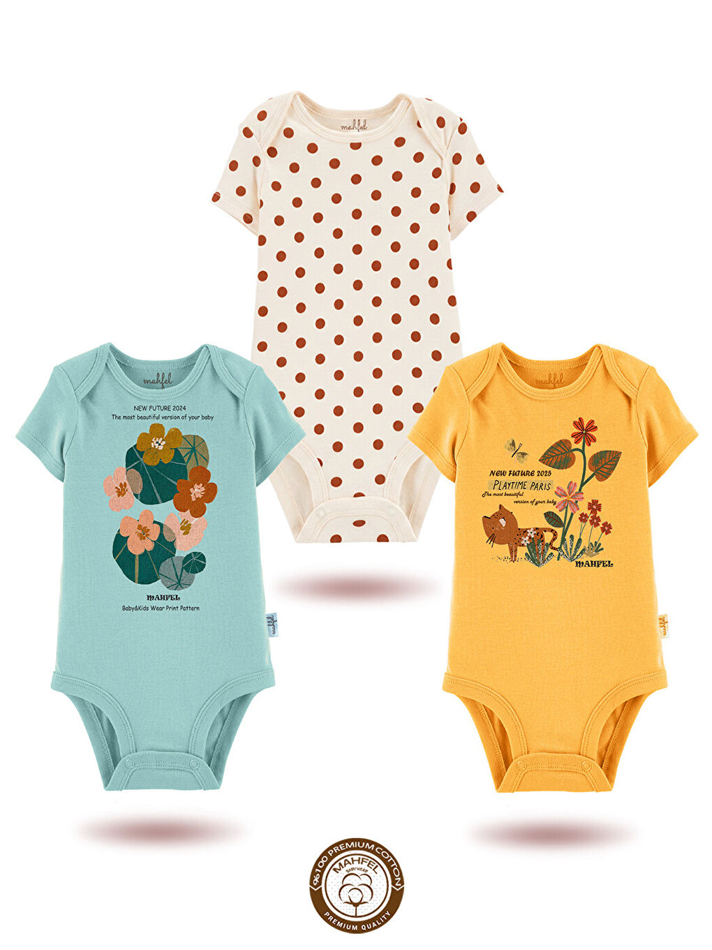 Kahverengi 3'Lü %100 Pamuklu Organik Baskılı Kısa Kollu Çıtçıtlı Bebek Body Zıbın 749-761