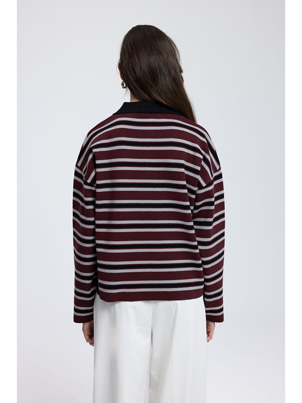 Moss Çizgili Bordo Polo Yaka Triko Kazak-4