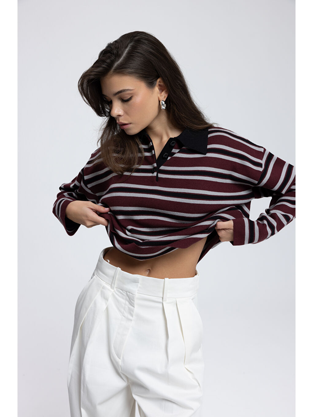 Moss Çizgili Bordo Polo Yaka Triko Kazak-5