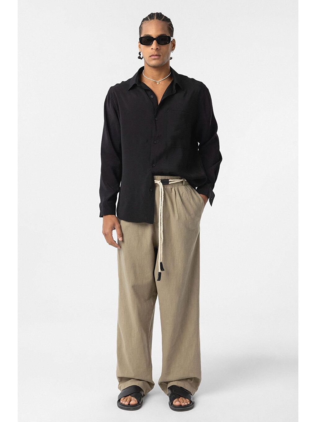 Kemer Detaylı Oversize Keten Erkek Pantolon Haki