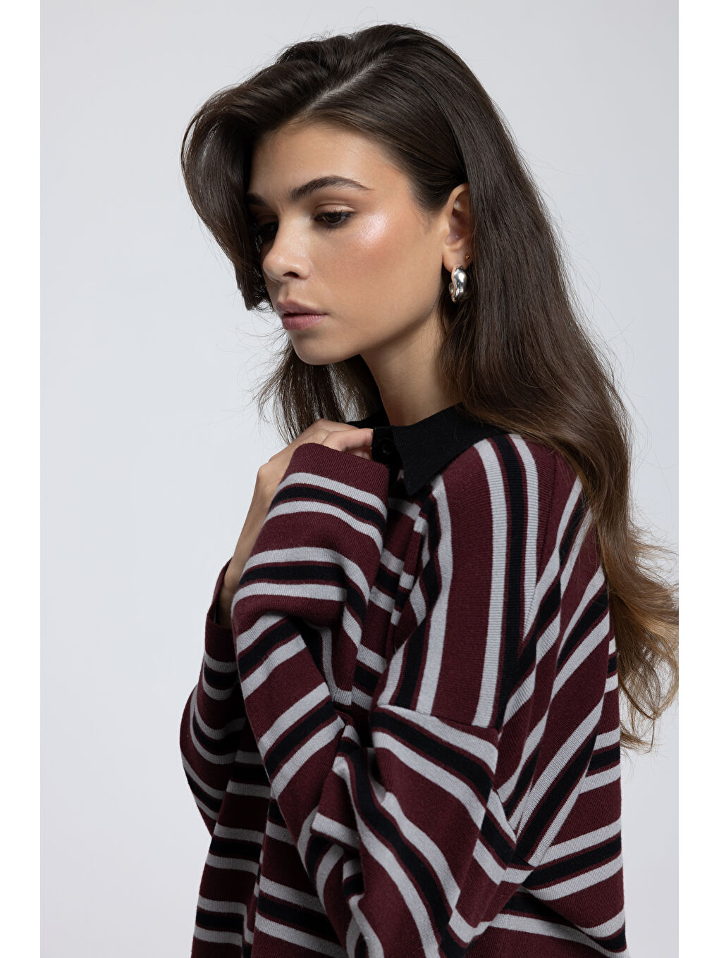 Moss Çizgili Bordo Polo Yaka Triko Kazak-6