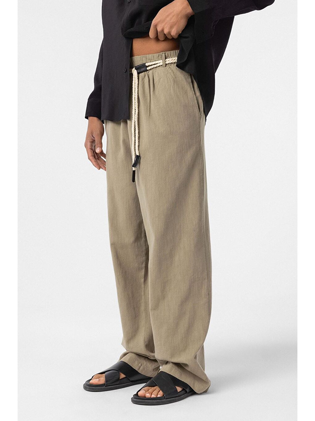 Kemer Detaylı Oversize Keten Erkek Pantolon Haki-2