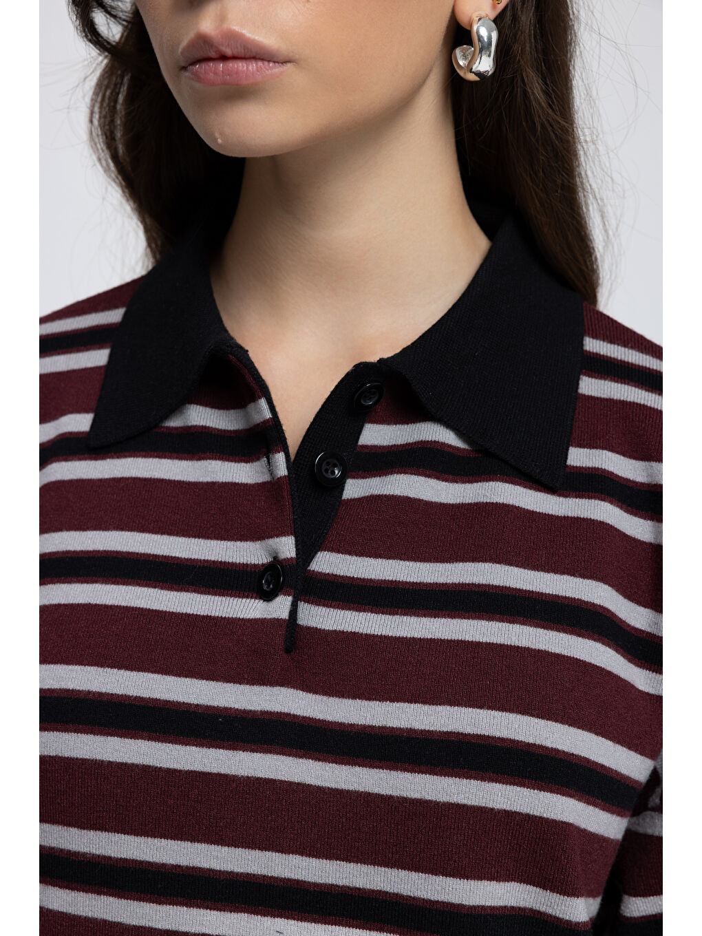 Moss Çizgili Bordo Polo Yaka Triko Kazak-7