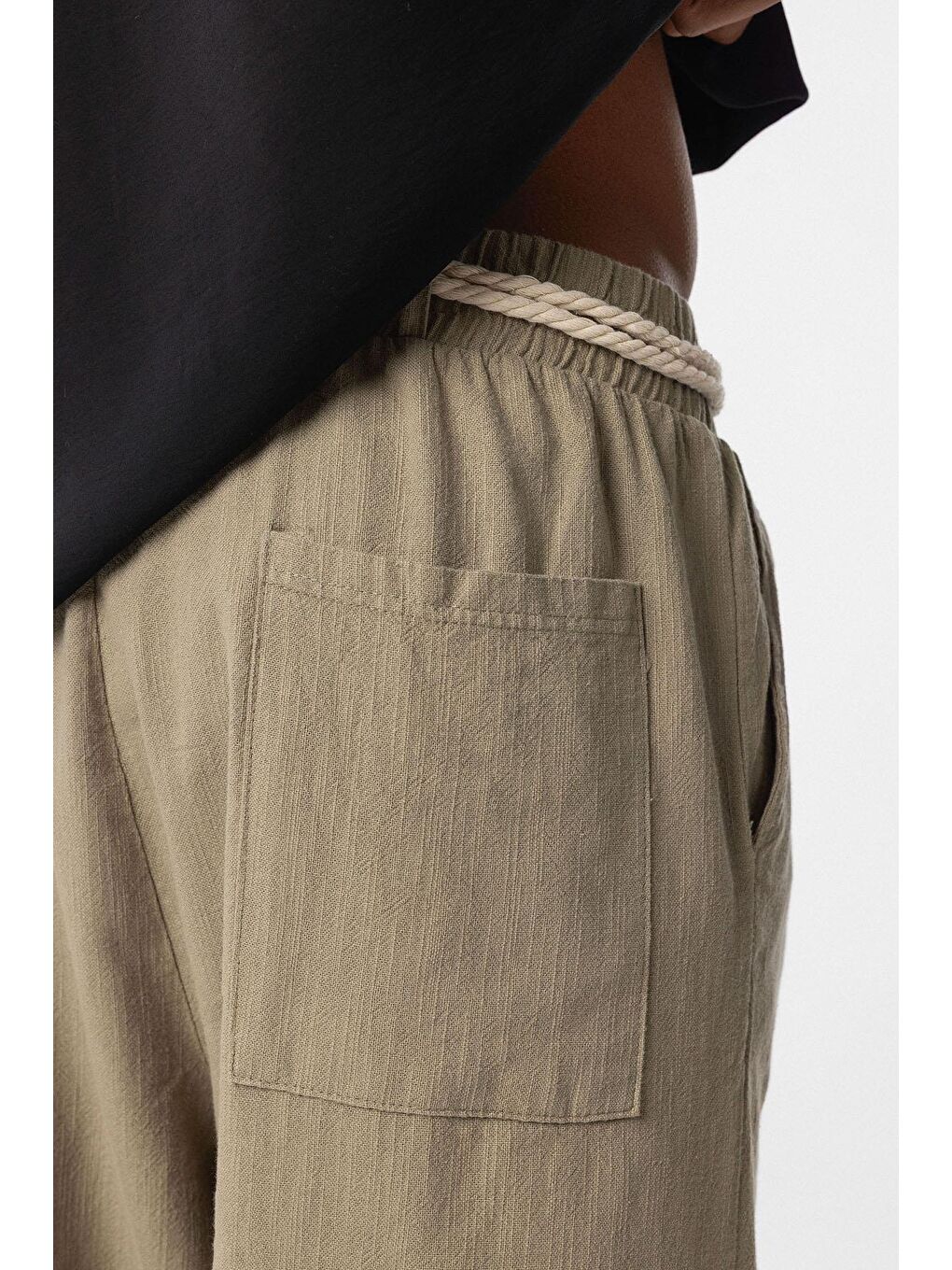 Kemer Detaylı Oversize Keten Erkek Pantolon Haki-5