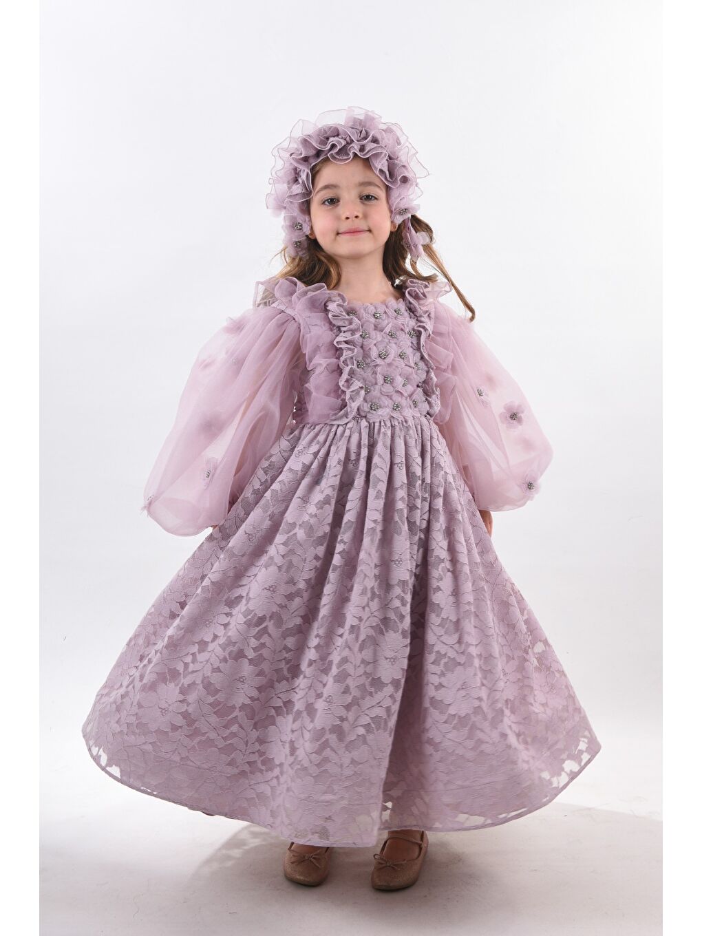 Lila Özel Tasarım, 3 Boyutlu Çiçek Detaylı, Uzun Kollu, Saç Aksesuarlı Kız Çocuk Elbisesi_M2338-1