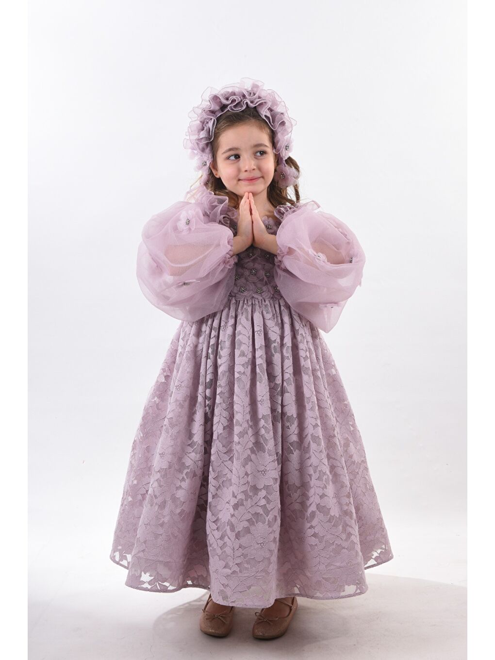 Lila Özel Tasarım, 3 Boyutlu Çiçek Detaylı, Uzun Kollu, Saç Aksesuarlı Kız Çocuk Elbisesi_M2338-3