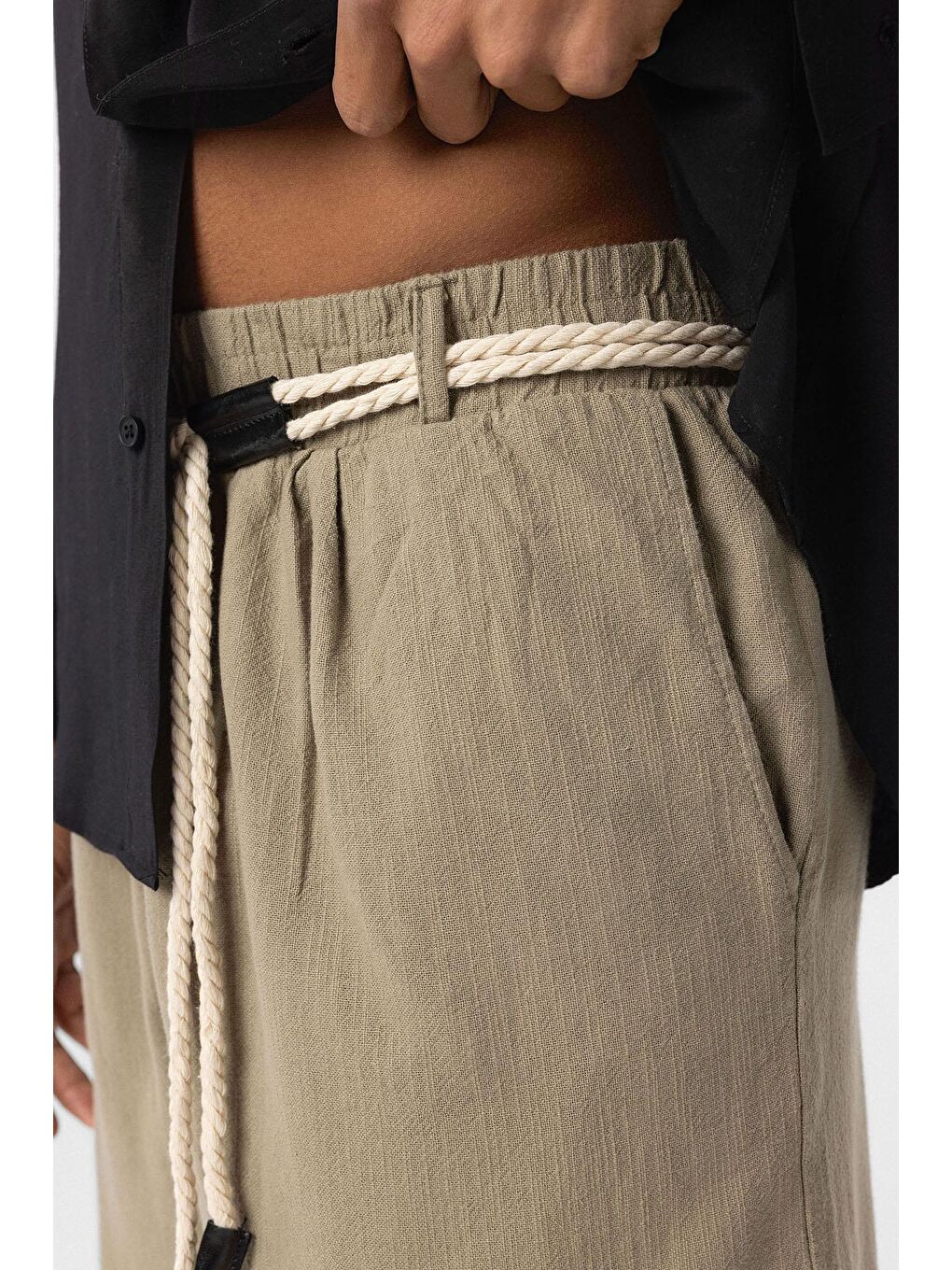 Kemer Detaylı Oversize Keten Erkek Pantolon Haki-6