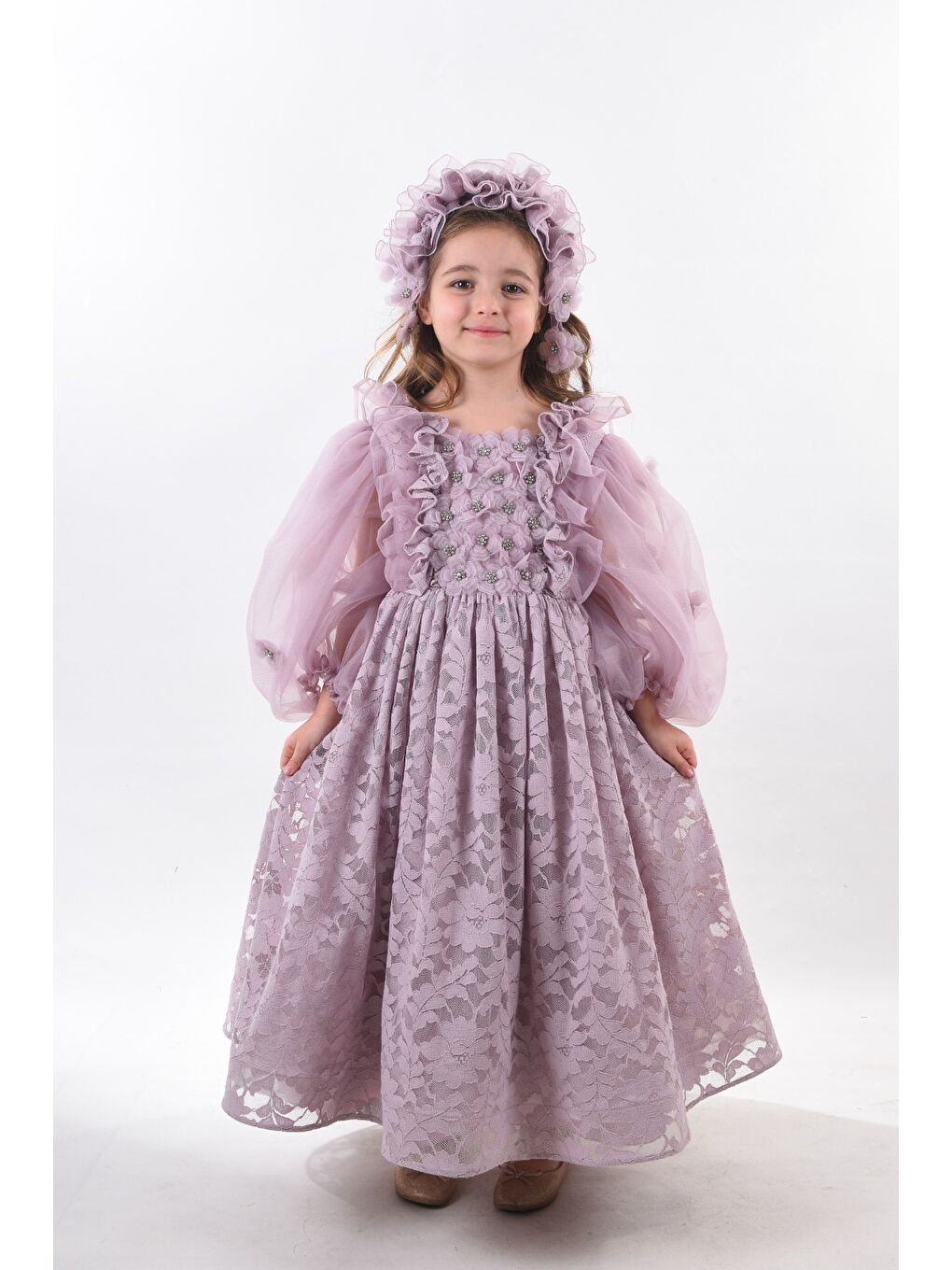 Lila Özel Tasarım, 3 Boyutlu Çiçek Detaylı, Uzun Kollu, Saç Aksesuarlı Kız Çocuk Elbisesi_M2338-4