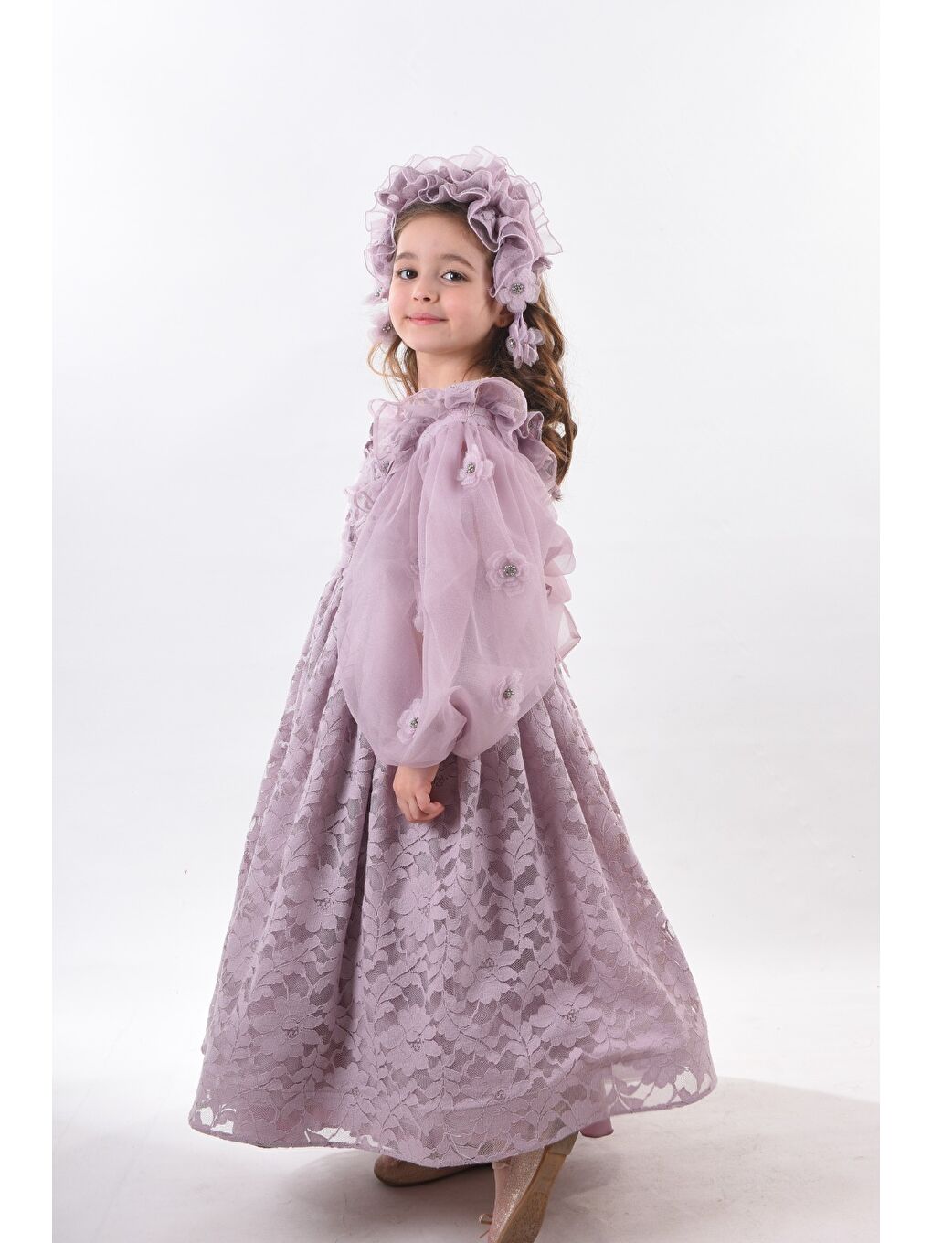 Lila Özel Tasarım, 3 Boyutlu Çiçek Detaylı, Uzun Kollu, Saç Aksesuarlı Kız Çocuk Elbisesi_M2338-5