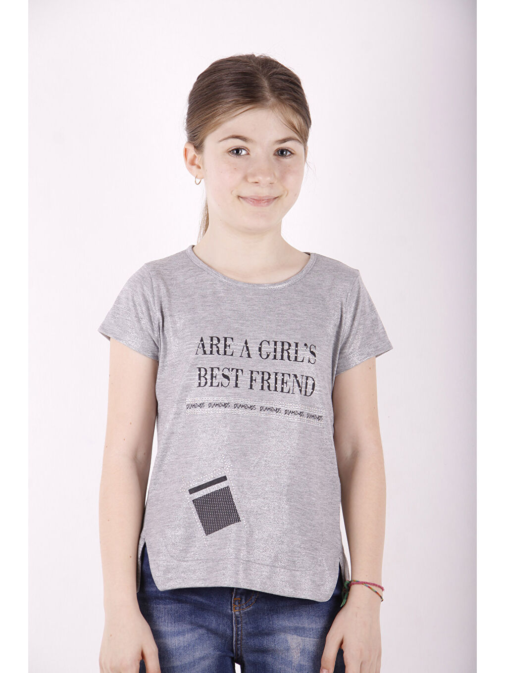 Gri Kız Çocuk Best Friend Baskılı Taş Detaylı Tişört
