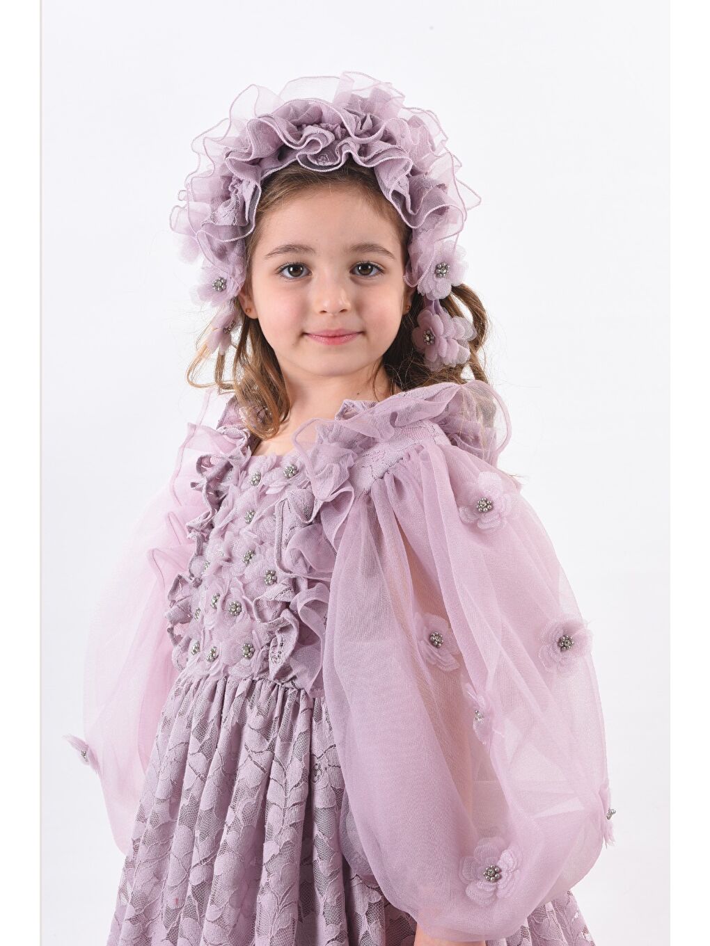 Lila Özel Tasarım, 3 Boyutlu Çiçek Detaylı, Uzun Kollu, Saç Aksesuarlı Kız Çocuk Elbisesi_M2338-6