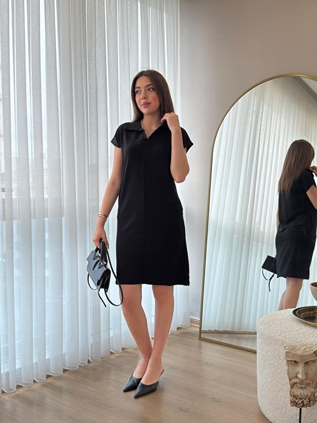 Siyah Kadın Kısa Kollu Yakalı Viskon Iki Iplik Elbise