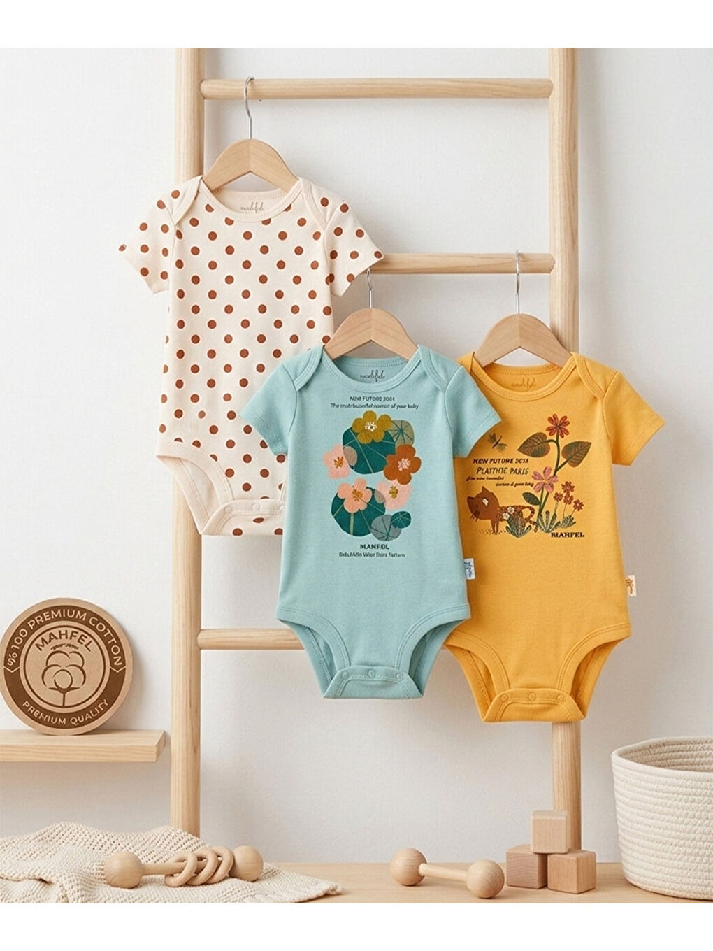 Kahverengi 3'Lü %100 Pamuklu Organik Baskılı Kısa Kollu Çıtçıtlı Bebek Body Zıbın 749-761-2