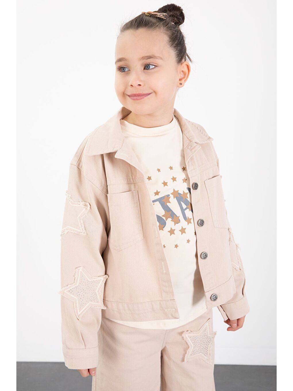 Ekru Krem Kolları Star Taşlı Jean Ceketli Kız Çocuk 3lü Alt Üst Takım 23425-1
