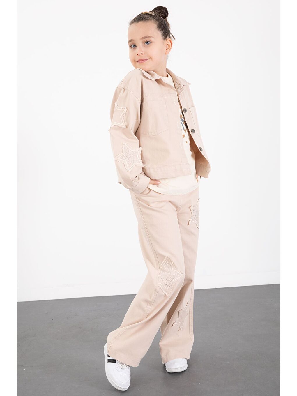Ekru Krem Kolları Star Taşlı Jean Ceketli Kız Çocuk 3lü Alt Üst Takım 23425-2