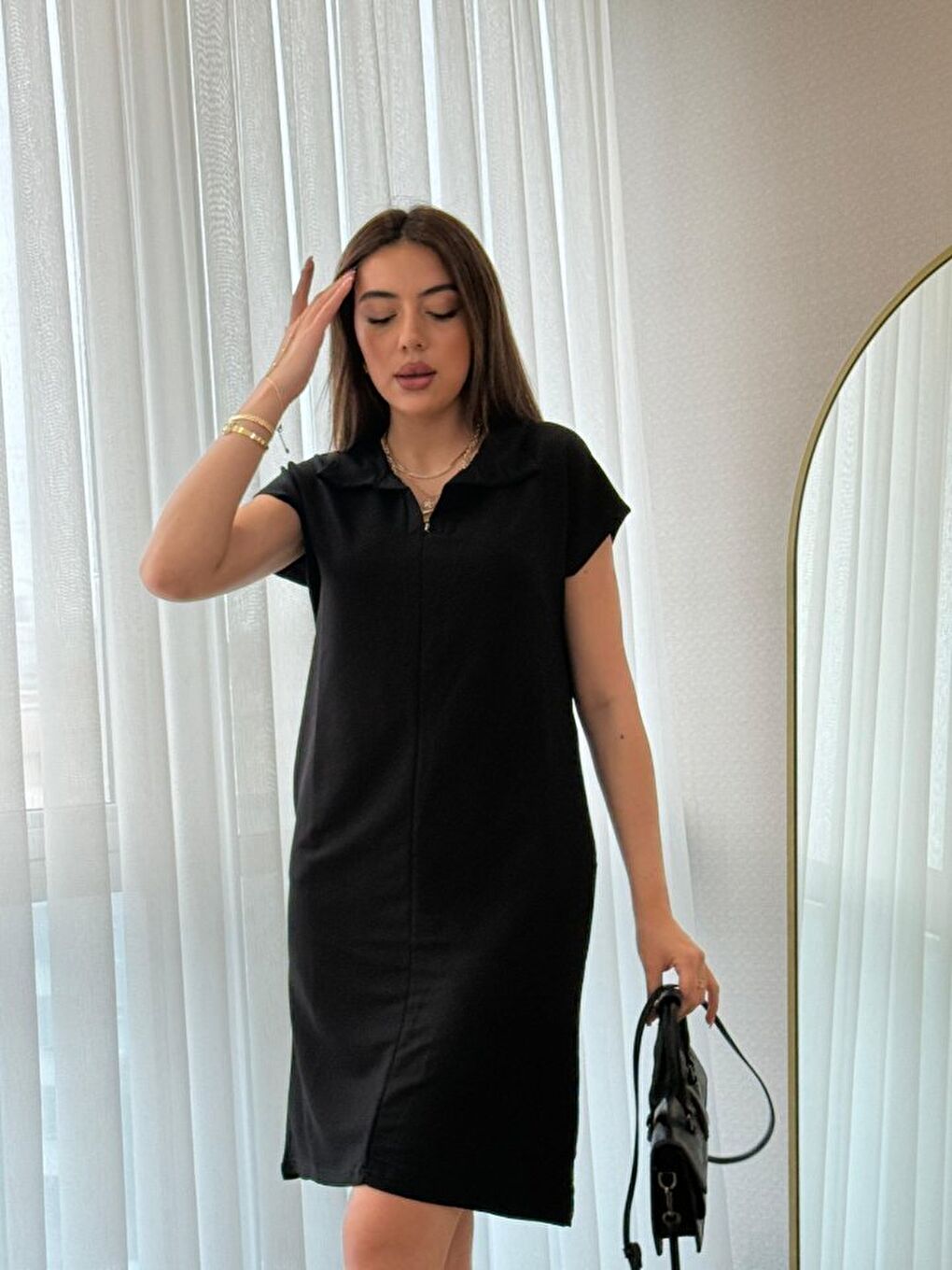 Siyah Kadın Kısa Kollu Yakalı Viskon Iki Iplik Elbise-3