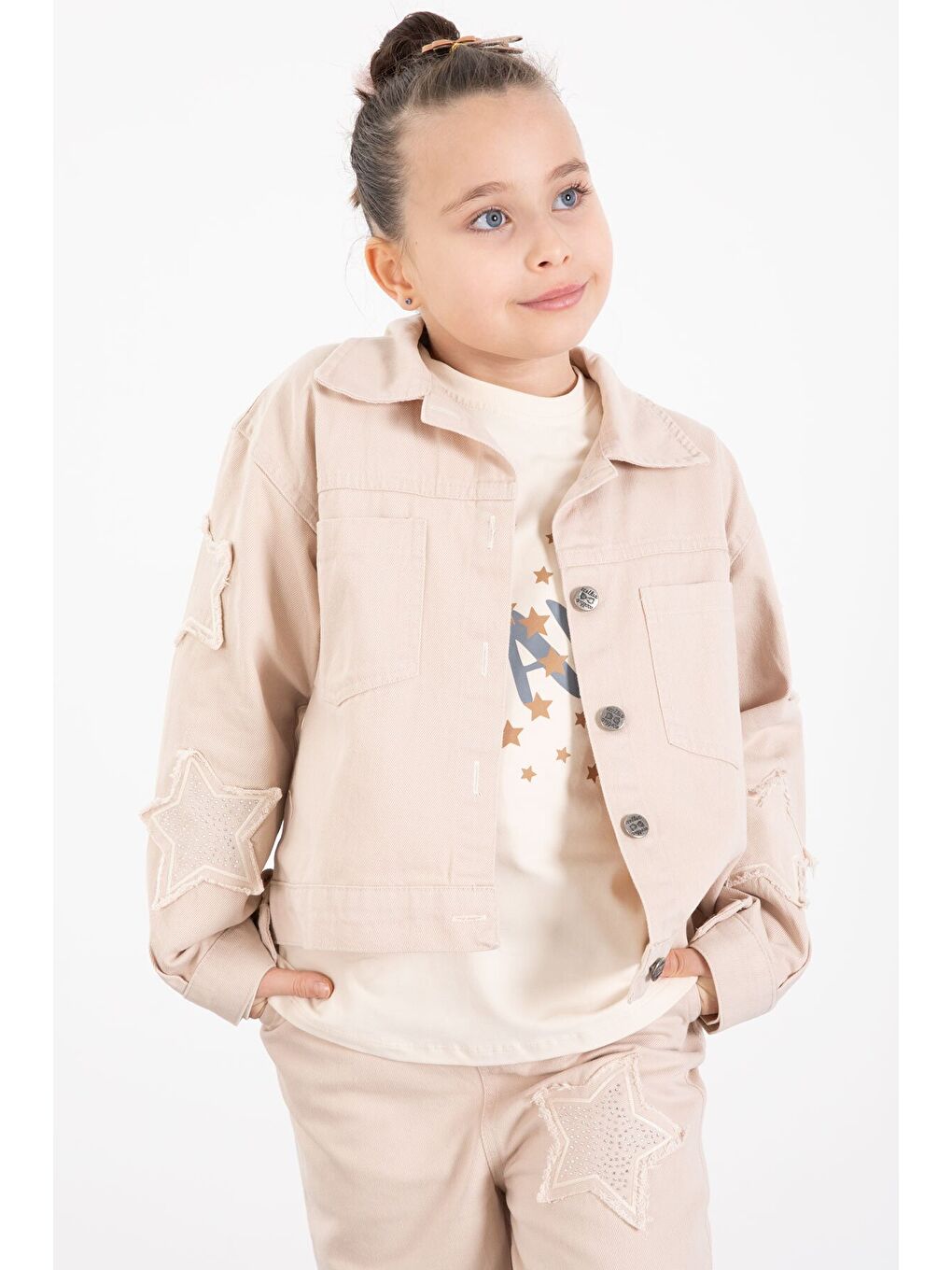 Ekru Krem Kolları Star Taşlı Jean Ceketli Kız Çocuk 3lü Alt Üst Takım 23425-3