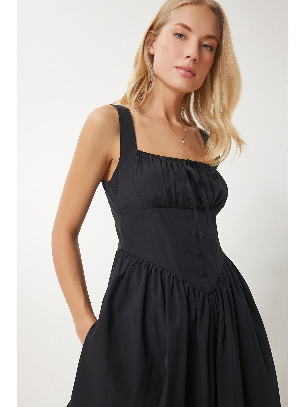 Siyah Korse Görünümlü Poplin Midi Elbise SİYAH LUB0354-3