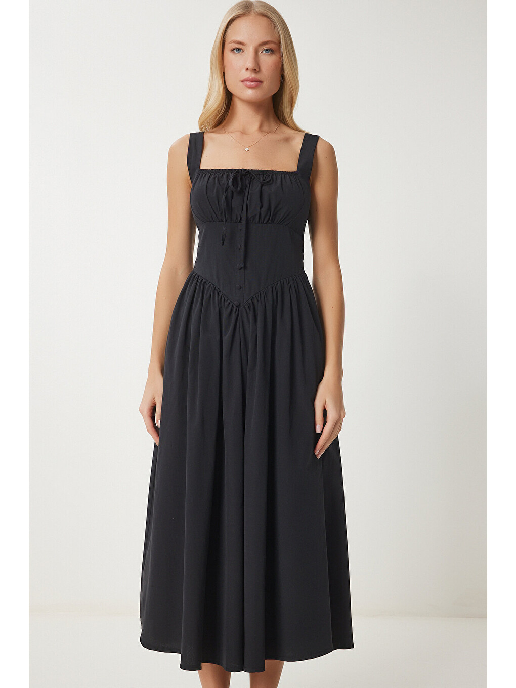 Siyah Korse Görünümlü Poplin Midi Elbise SİYAH LUB0354-4