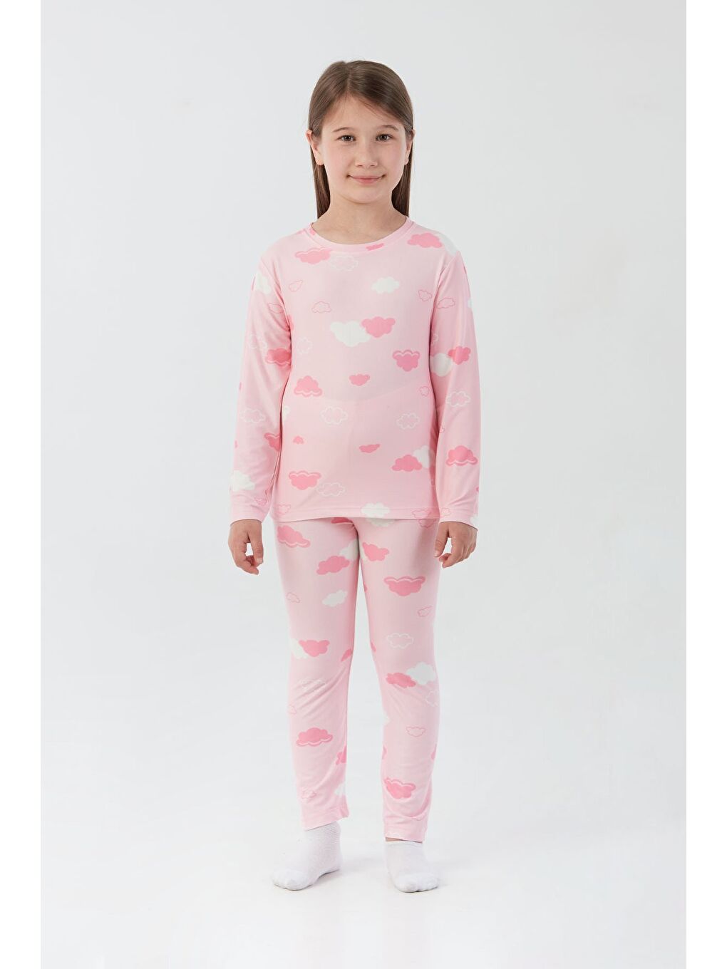 Pembe Bulut Desenli Süet Kız Çocuk Pijama Takımı