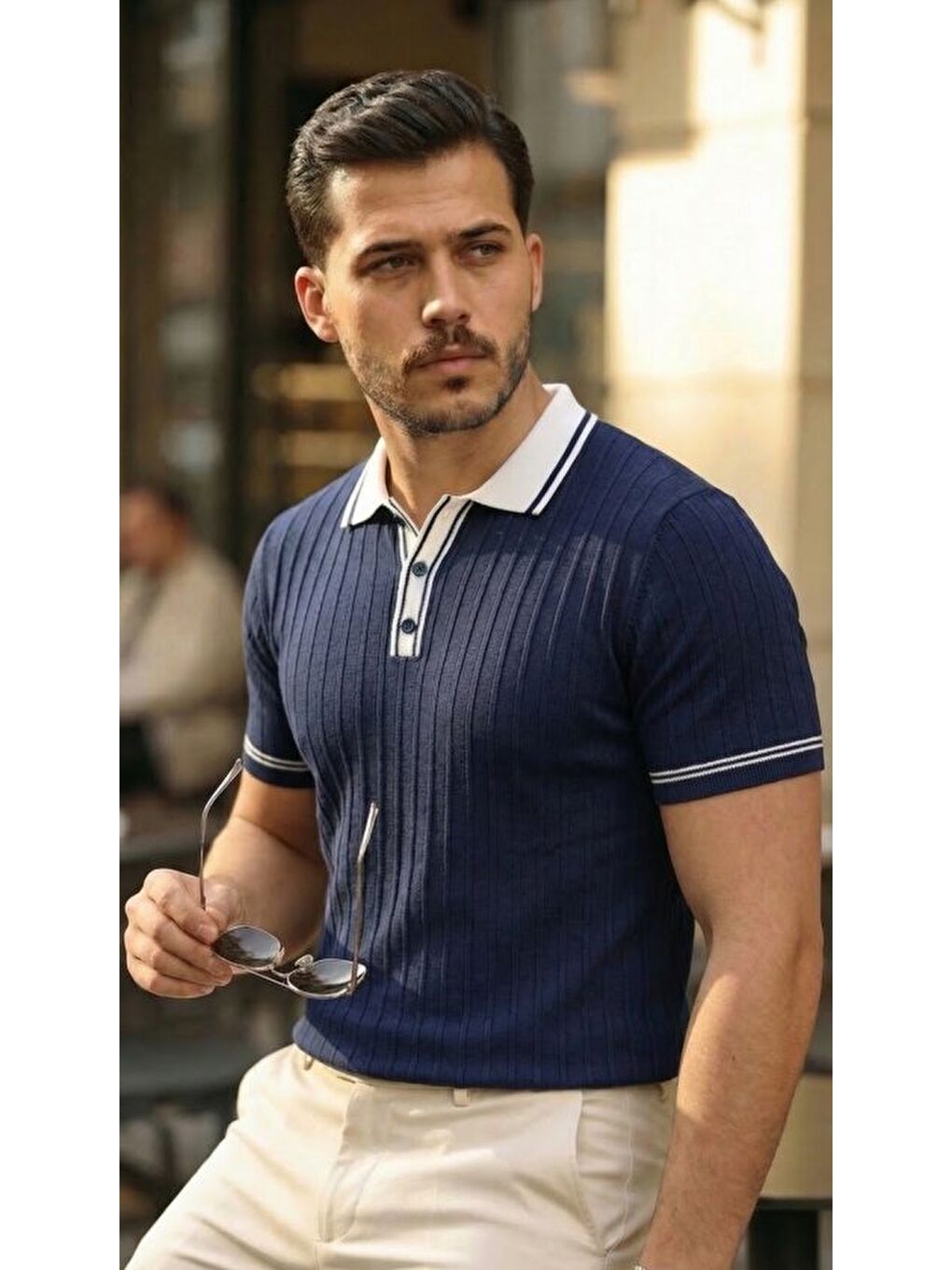 Lacivert Erkek Düğme Yakalı Kontrast Yaka Triko Tişört