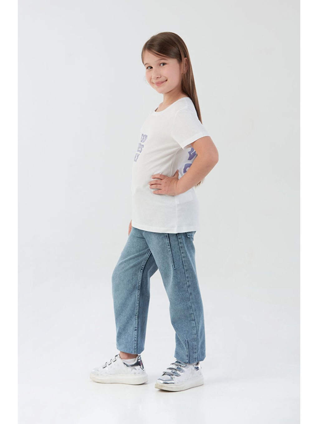 Beyaz Good Vibes Only Yazı Baskılı Kız Çocuk Tişört-1