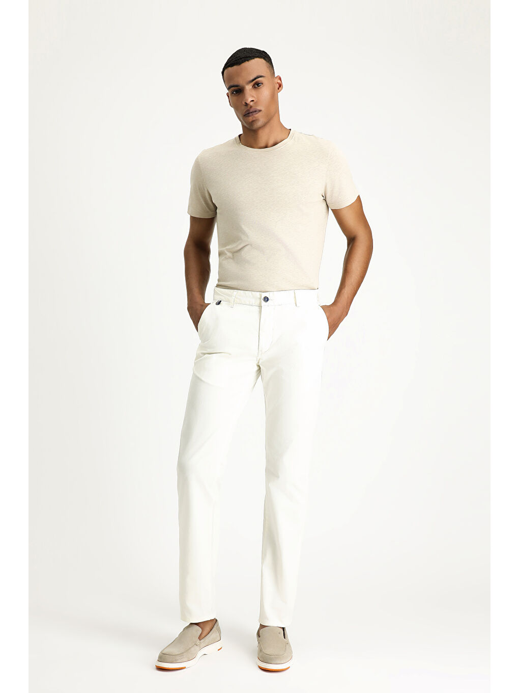 Beyaz Slim Fit Dar Kesim Elastanlı Kanvas / Chino Pantolon