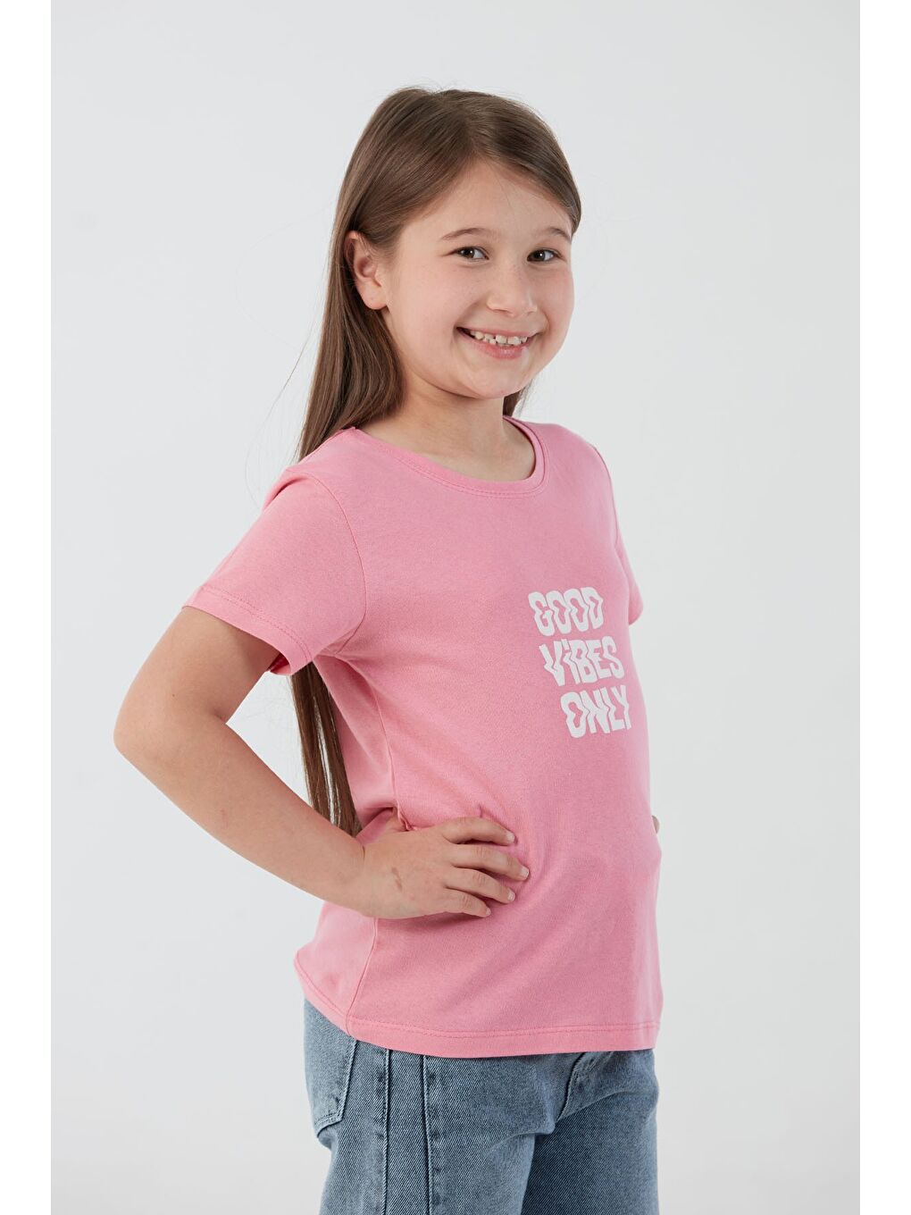 Pembe Good Vibes Only Yazı Baskılı Kız Çocuk Tişört-1