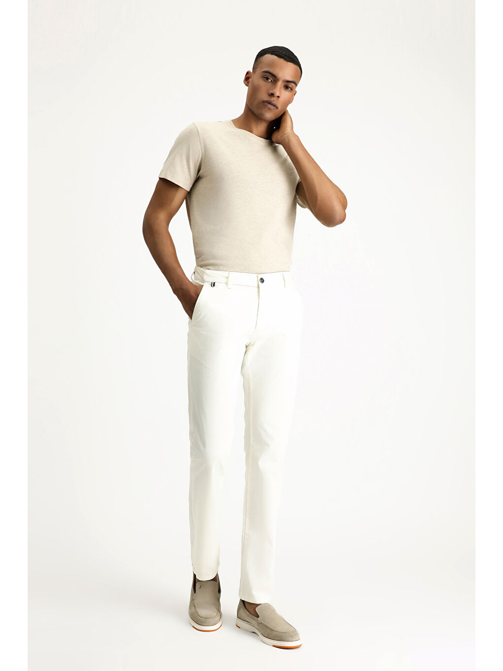 Beyaz Slim Fit Dar Kesim Elastanlı Kanvas / Chino Pantolon-1