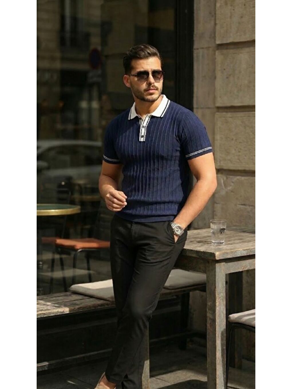 Lacivert Erkek Düğme Yakalı Kontrast Yaka Triko Tişört-1