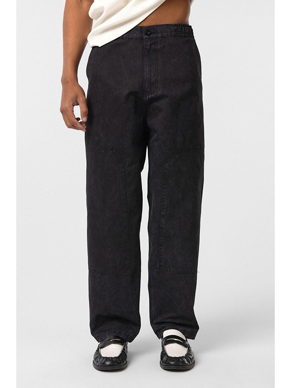 Yıkamalı Baggy Gabardin Erkek Pantolon Siyah-5