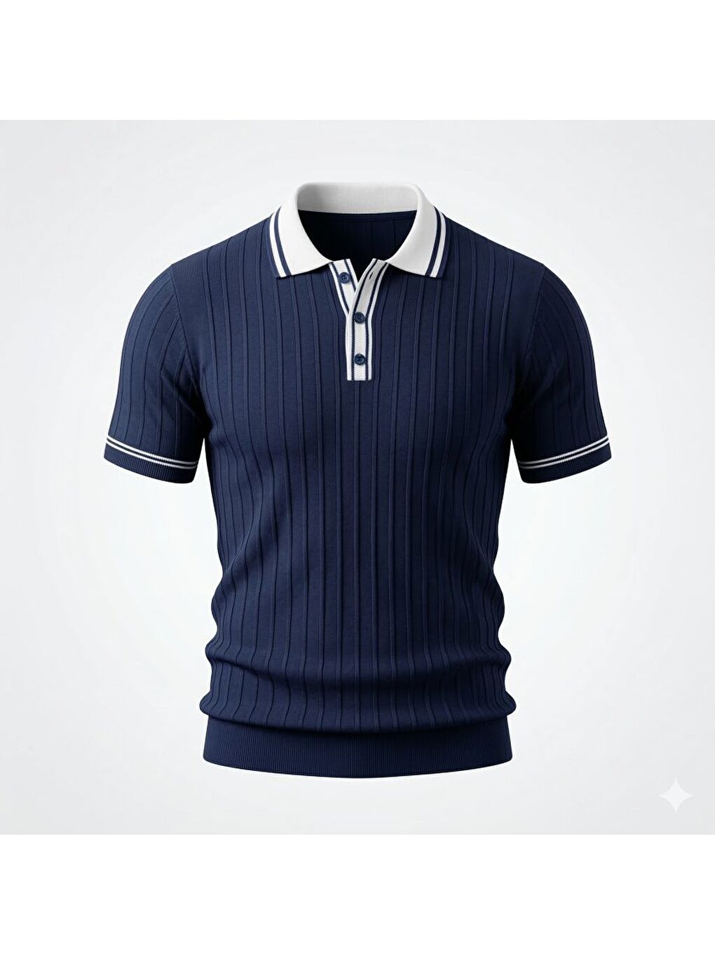 Lacivert Erkek Düğme Yakalı Kontrast Yaka Triko Tişört-2