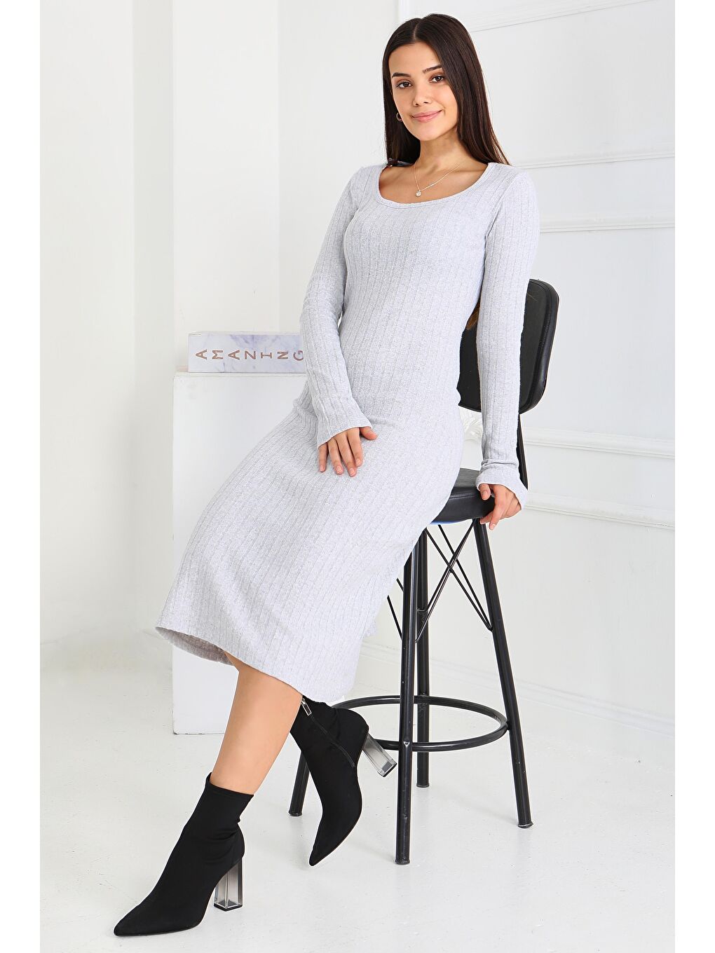 Kare Yaka Fitilili Kaşkorse Elbise Gri - 27867-GRI