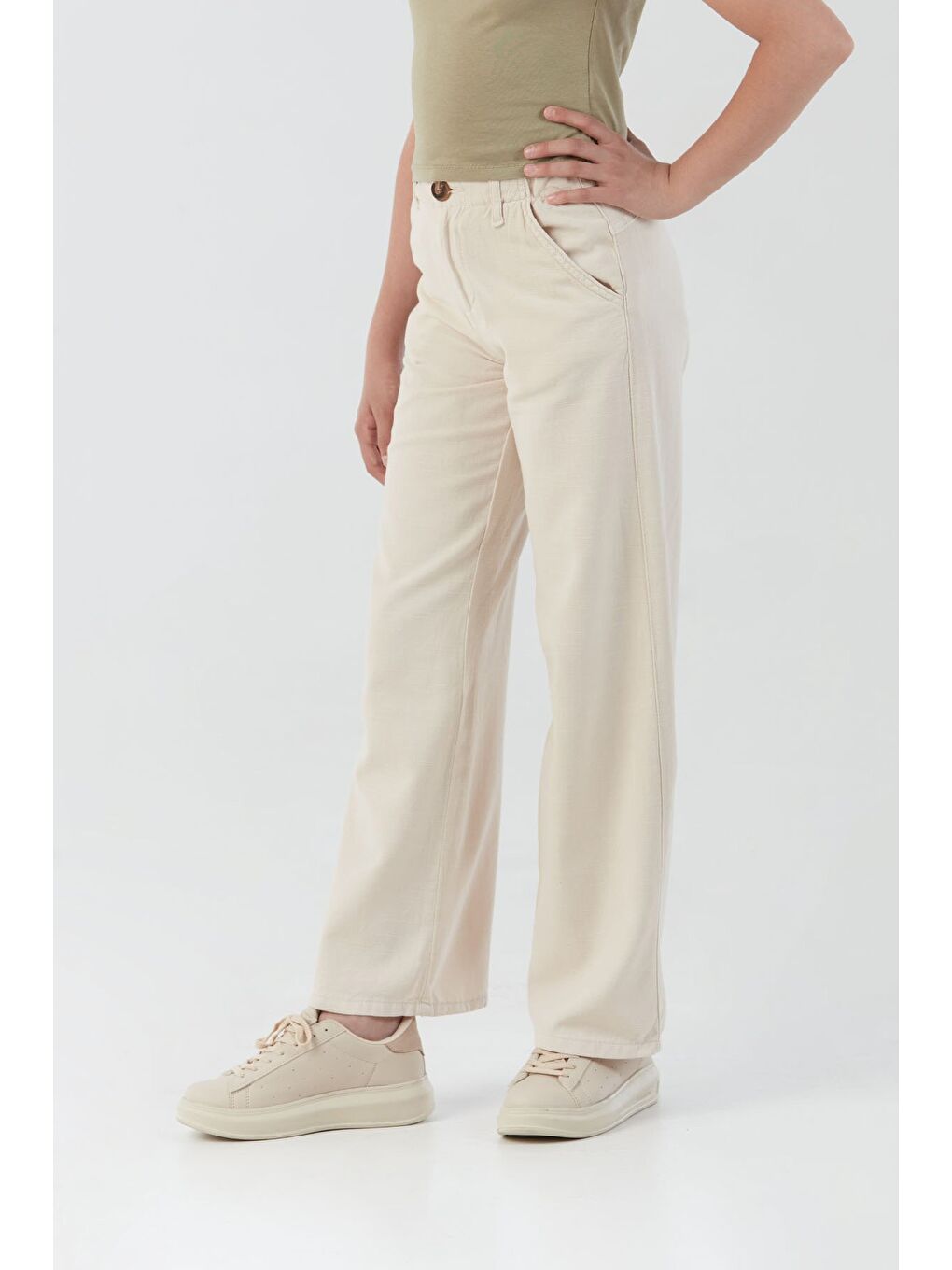 Bej %100 Pamuk Beli Lastikli Kız Çocuk Pantolon-1