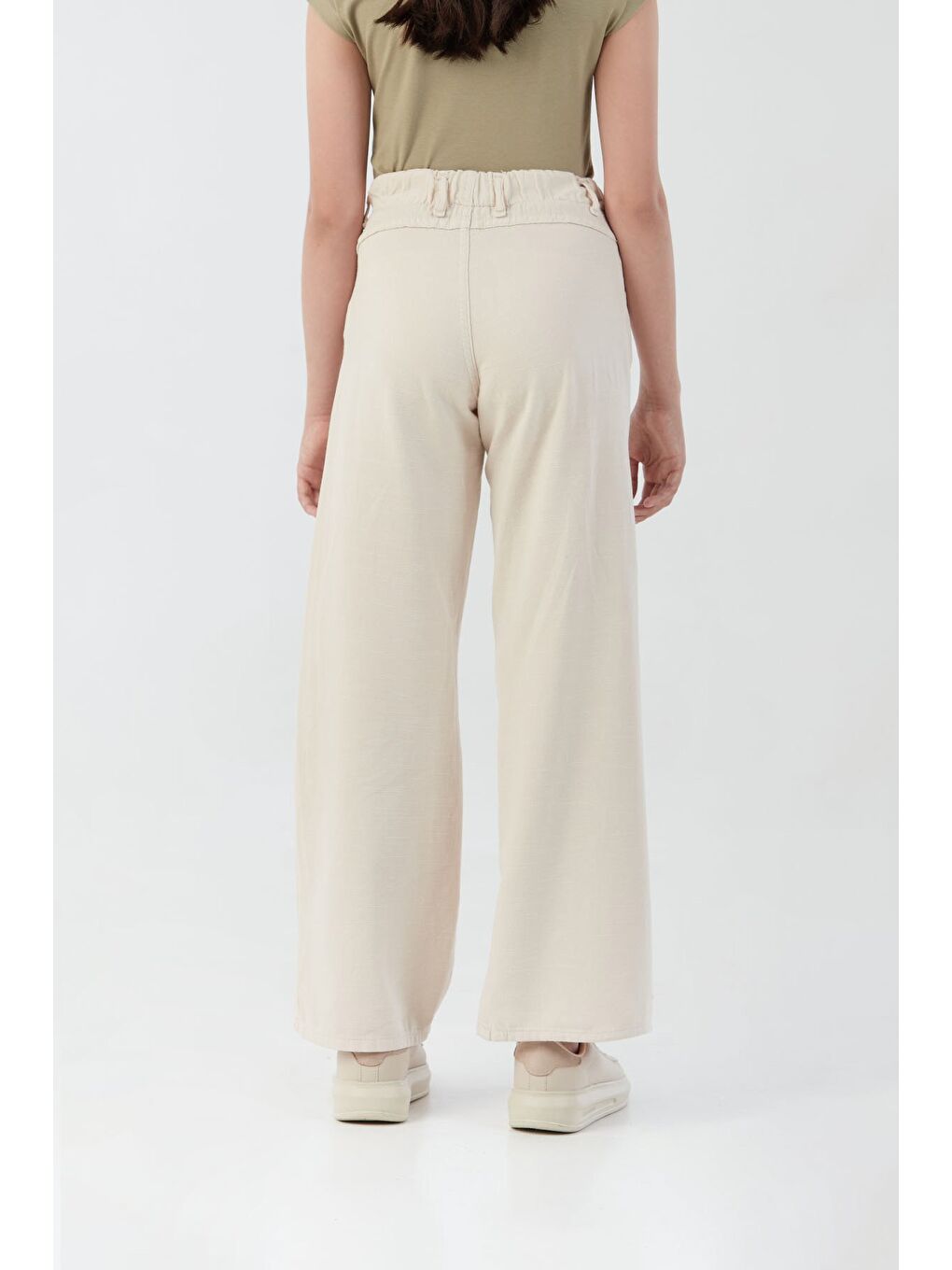 Bej %100 Pamuk Beli Lastikli Kız Çocuk Pantolon-2