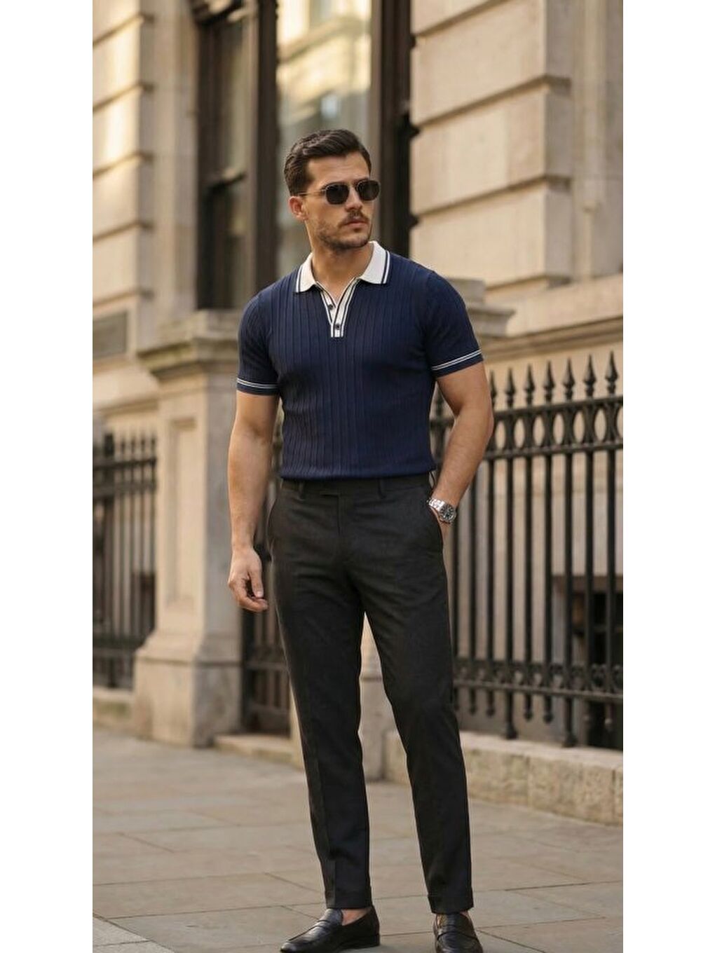 Lacivert Erkek Düğme Yakalı Kontrast Yaka Triko Tişört-3