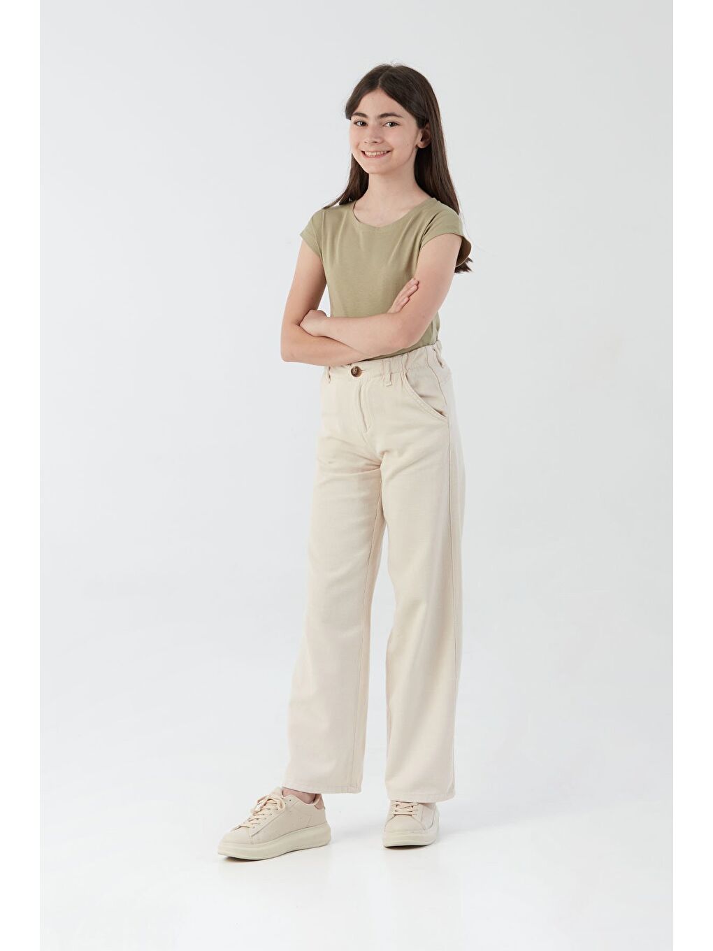 Bej %100 Pamuk Beli Lastikli Kız Çocuk Pantolon-3