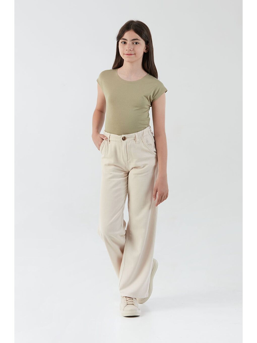 Bej %100 Pamuk Beli Lastikli Kız Çocuk Pantolon-4