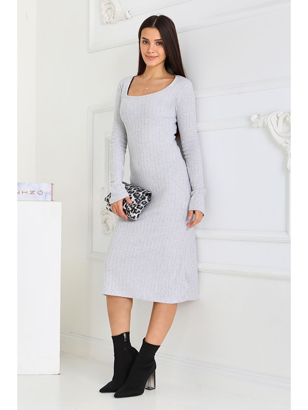 Kare Yaka Fitilili Kaşkorse Elbise Gri - 27867-GRI-1