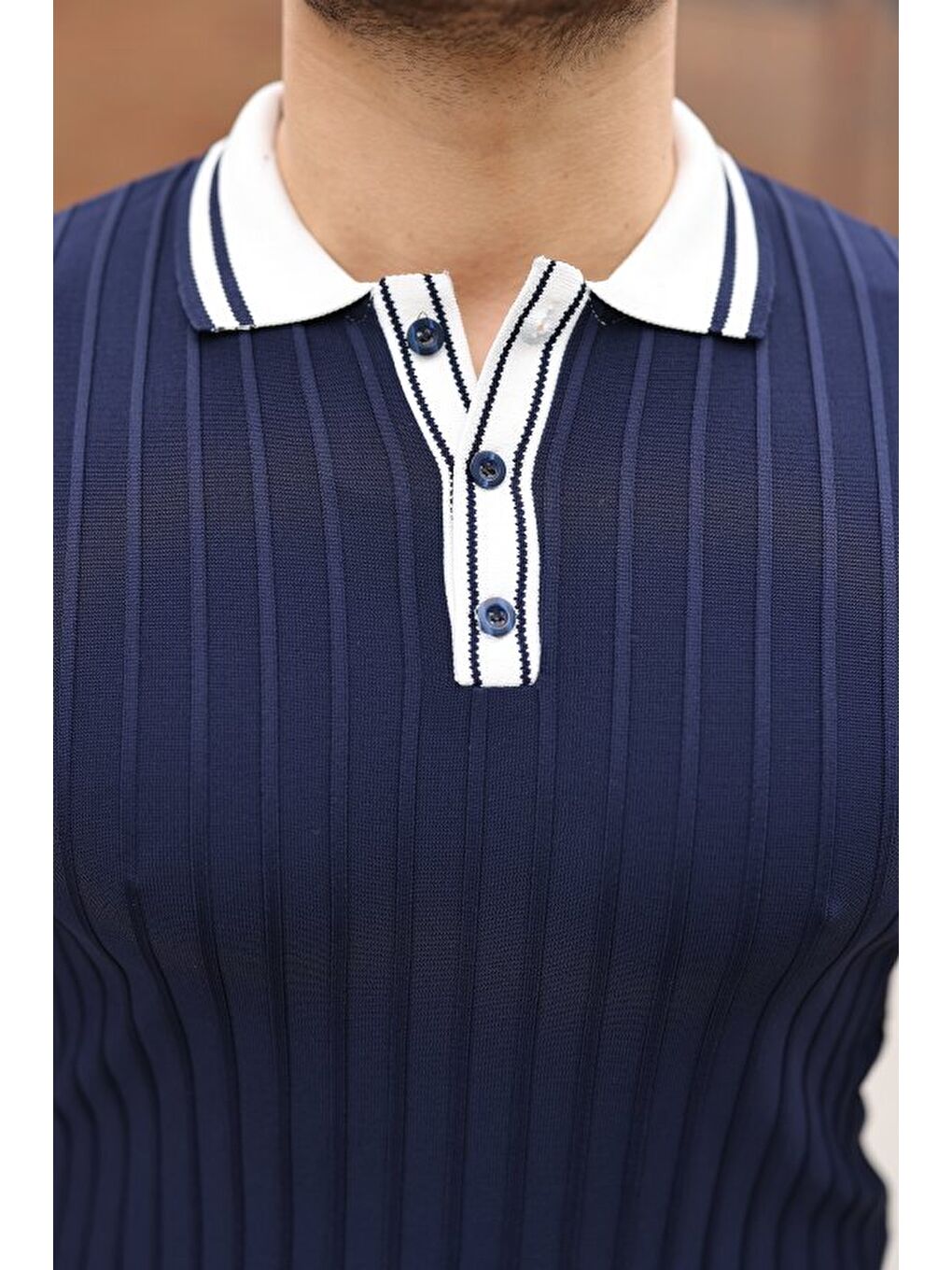 Lacivert Erkek Düğme Yakalı Kontrast Yaka Triko Tişört-4