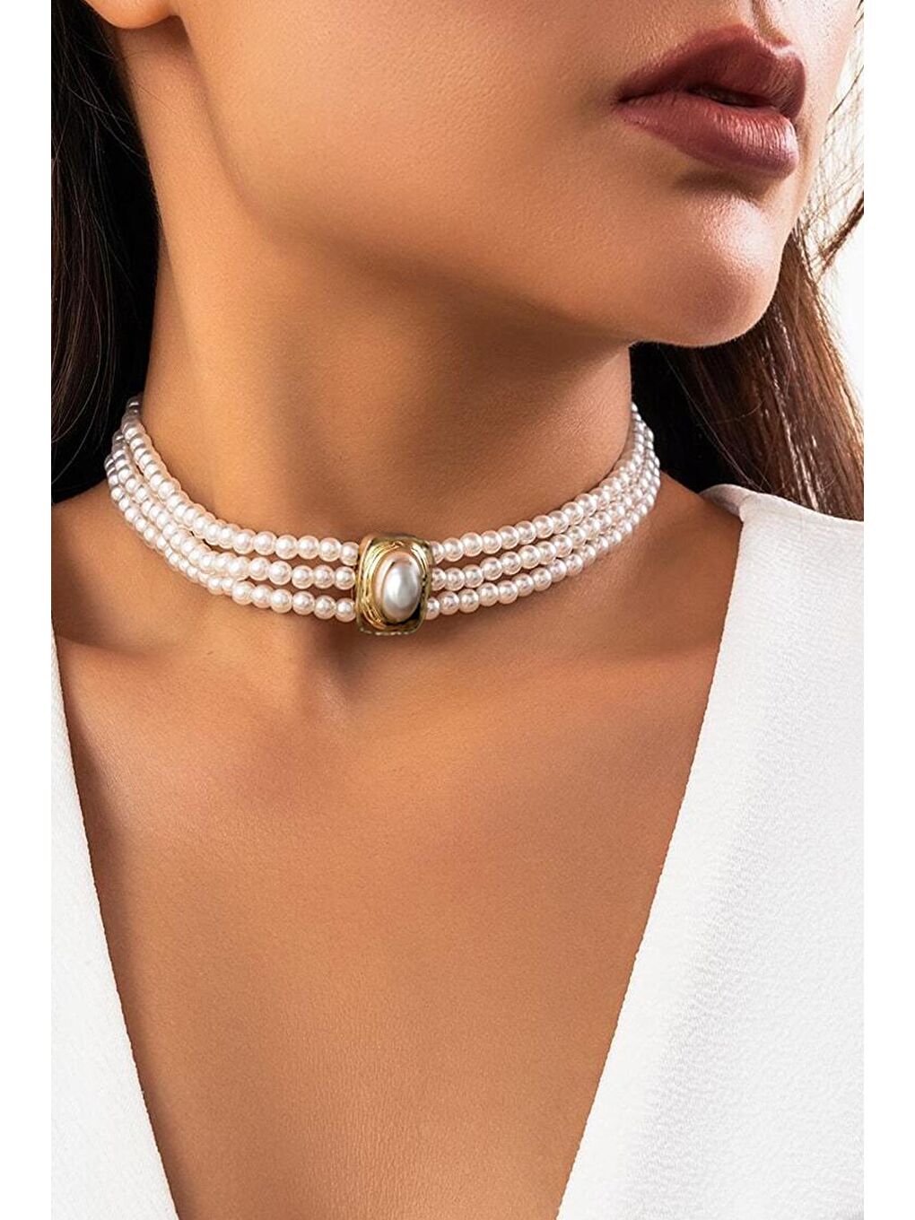 Sarı 3 Sıralı İnci Vip Choker Kolye