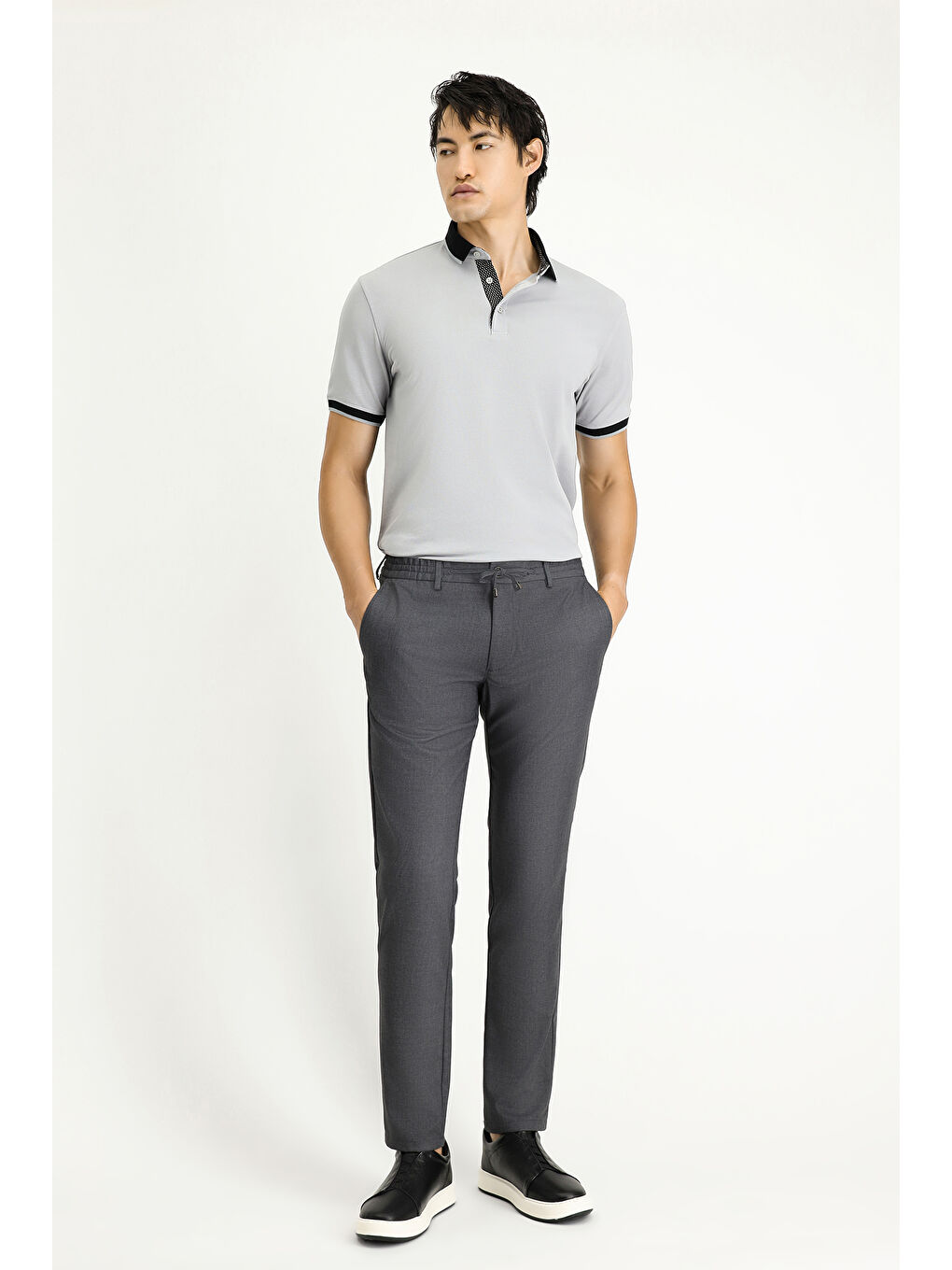 Gri Slim Fit Dar Kesim Beli Lastikli İpli Elastanlı Pantolon