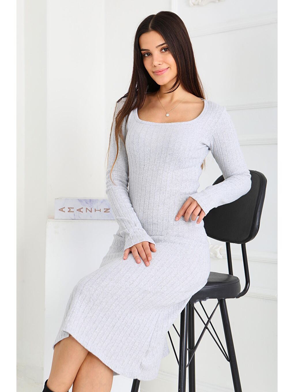 Kare Yaka Fitilili Kaşkorse Elbise Gri - 27867-GRI-2